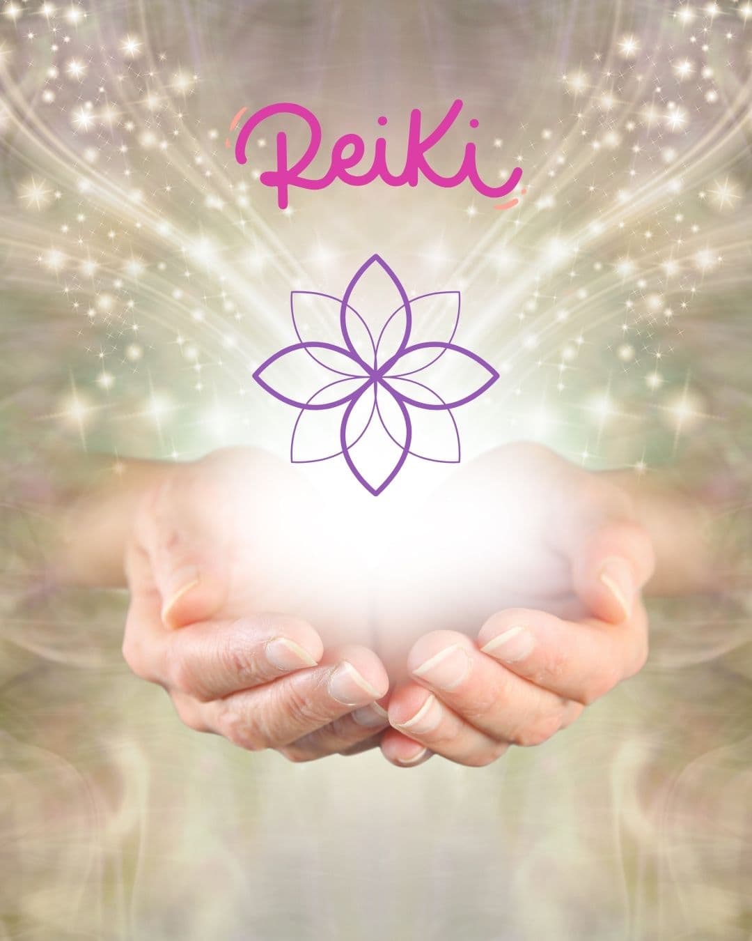 Ręce praktyka Reiki delikatnie unoszące się nad osobą medytującą w spokojnym pokoju, ukazujące transfer uniwersalnej energii życiowej wspierającej relaks, redukcję stresu i wewnętrzną harmonię.